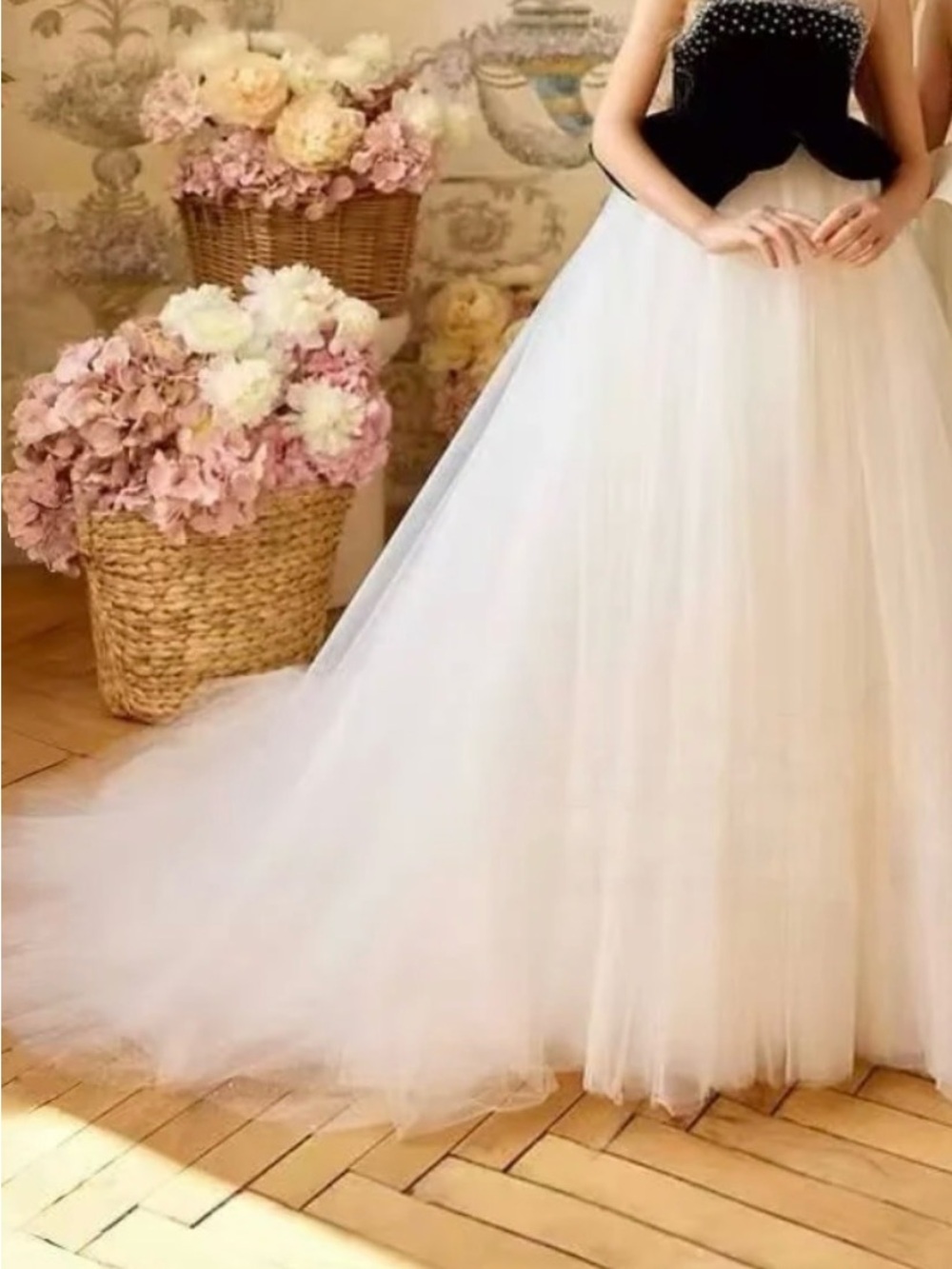 Black & White Tulle Ball Gown Dress with Beaded Bodice